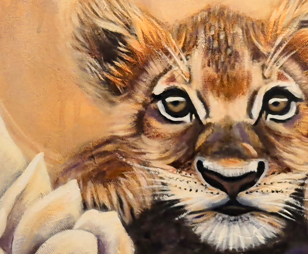 Bild 3 (lejonunge): "Detail of a lion cub gazing directly at the viewer, close-up of original oil painting Shining My Light by Annikaprana"