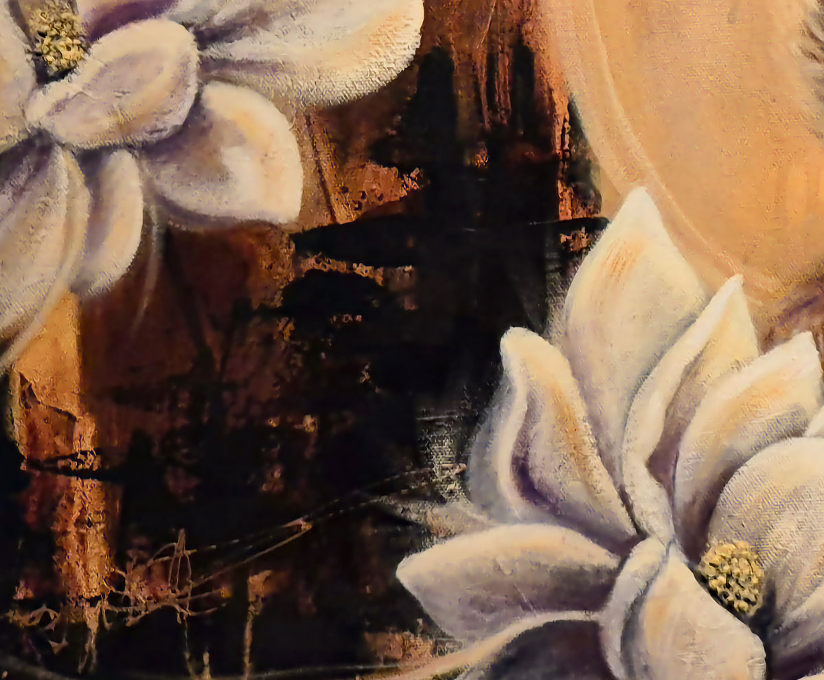  "Detail of white magnolia flowers against a dark textured background, close-up of original oil painting Shining My Light by Annikaprana"