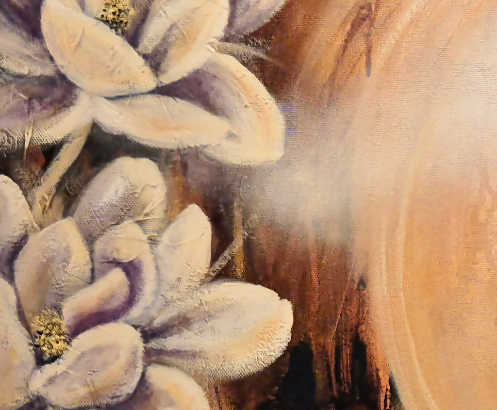  "Detail of soft white magnolia blossoms against a warm golden background, close-up of original oil painting Shining My Light by Annikaprana"
