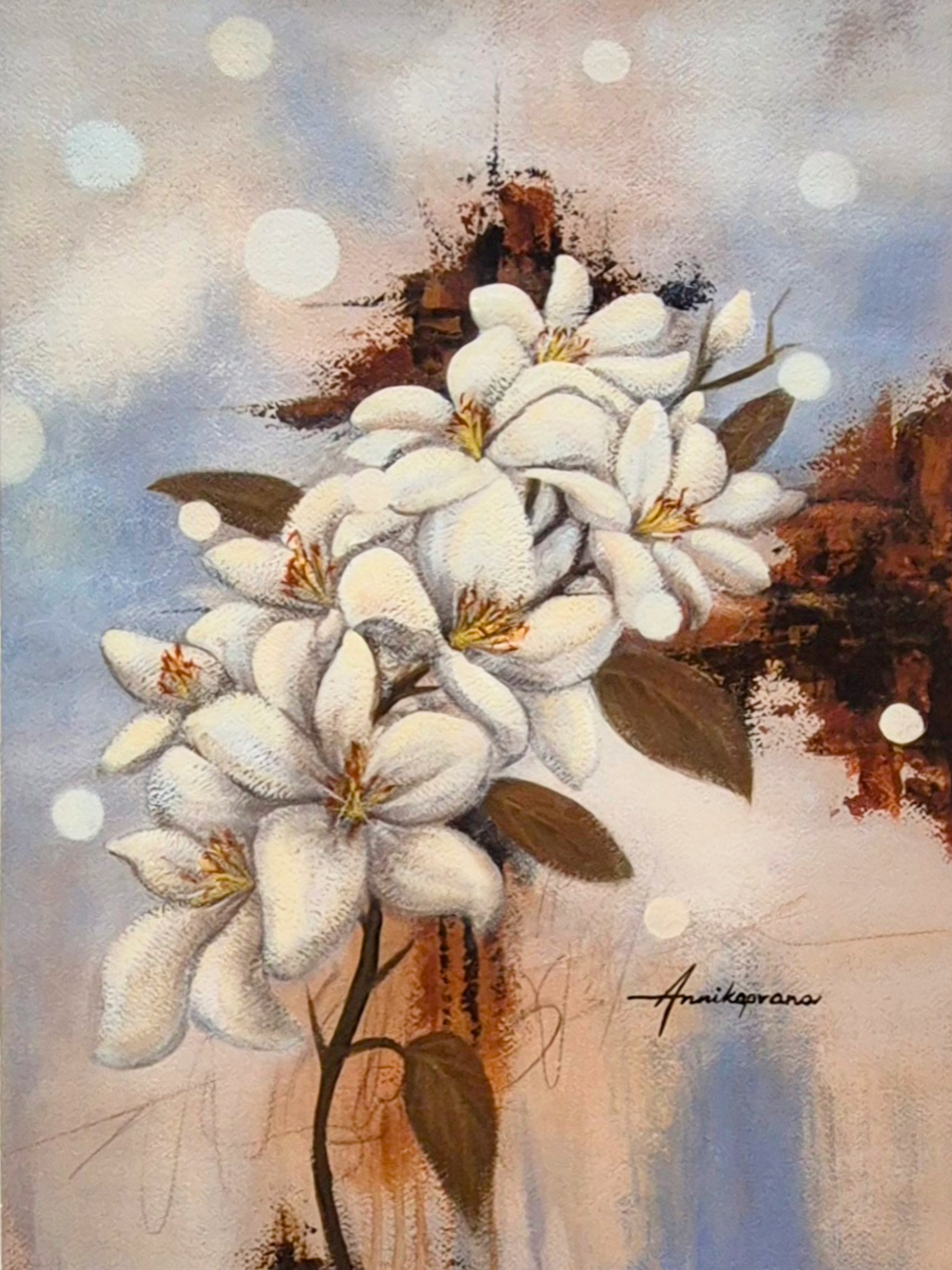 Snow White Lilies 2025 — close-up of the motif, white magnolia flowers with bokeh effect, signed by Annikaprana"
