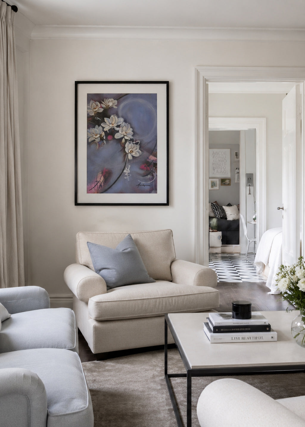 "Spring is in the Air 2025 — original painting by Annikaprana displayed in a black wood box frame with white passepartout, white magnolia blossoms on a soft blue-grey background, Mixed Media Acrylic and Oil on Fabriano paper"