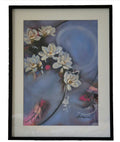 "Spring is in the Air 2025 — original painting by Annikaprana in a black wood box frame with white passepartout, white magnolia blossoms on a soft blue-grey background, Mixed Media Acrylic and Oil on Fabriano paper, signed"