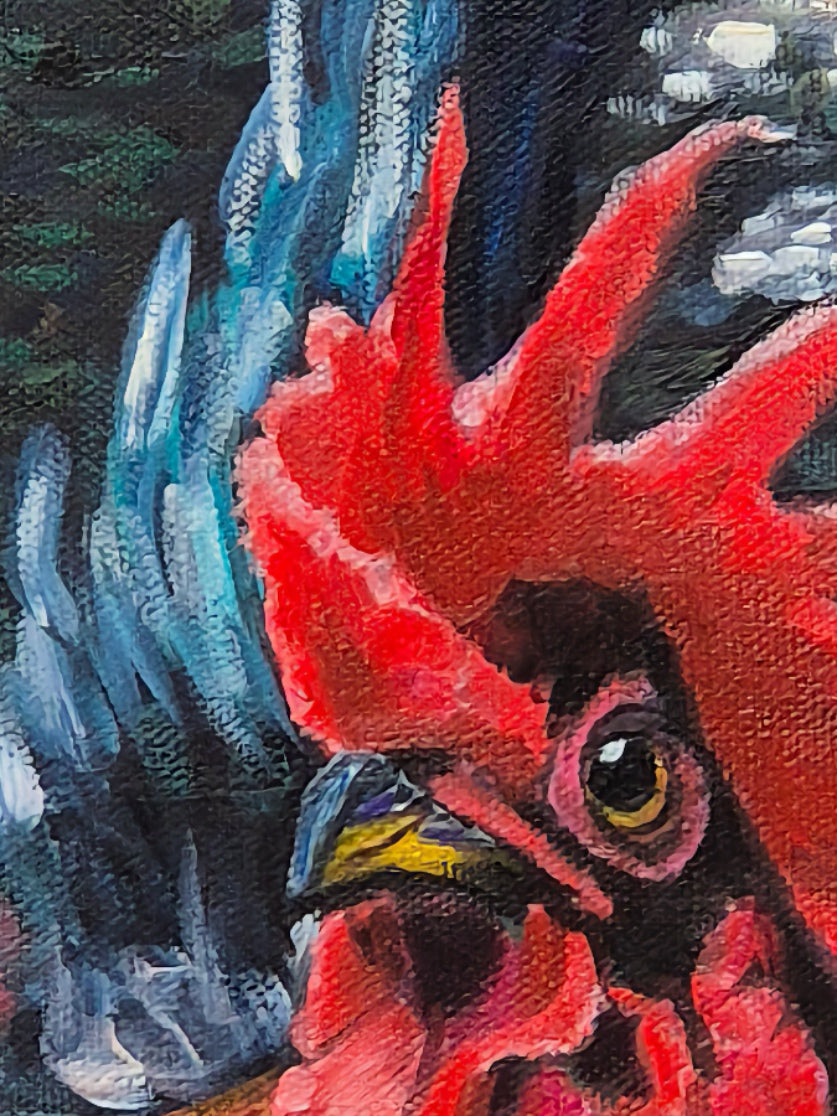Detail of The Rooster — King of the Yard by Annikaprana. Close-up showing the rooster's vivid red comb, blue-grey feathers and intense eye, painted with expressive directional brushwork on black canvas.