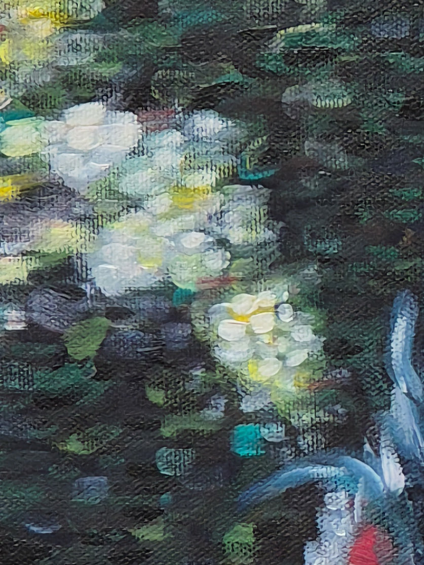 Detail of The Rooster — King of the Yard by Annikaprana. Close-up of the impressionistic background with white flowers and deep green foliage, painted with loose expressive brushwork on black canvas.