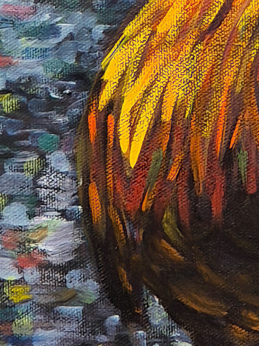Detail of The Rooster — King of the Yard by Annikaprana. Close-up of the rooster's chest feathers in deep golden yellow, burnt orange and brown, painted with bold directional strokes on black canvas.