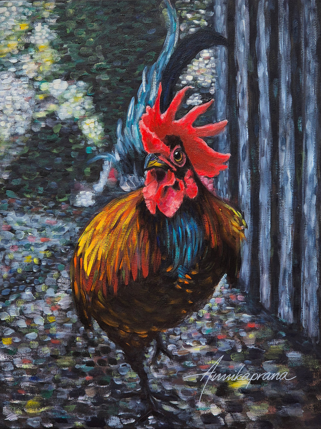 The Rooster — King of the Yard, fine art print by Annikaprana. Expressive rooster painted with directional brushwork on black canvas in an impressionistic style. Printed on Hahnemühle German Etching 310gsm.