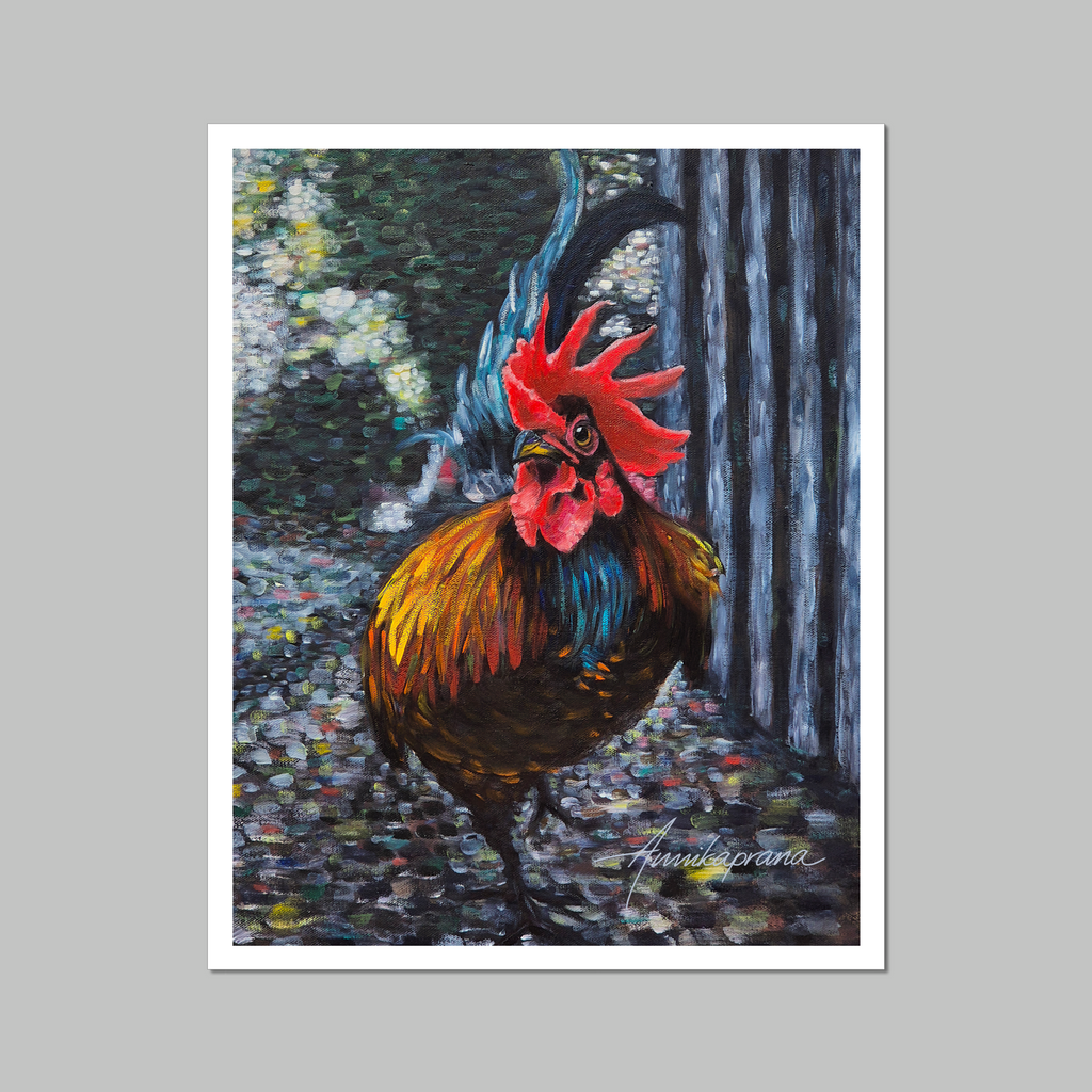 The Rooster — King of the Yard, fine art print by Annikaprana. Expressive rooster painted with directional brushwork on black canvas, shown with white border against a neutral grey background, ready to frame.