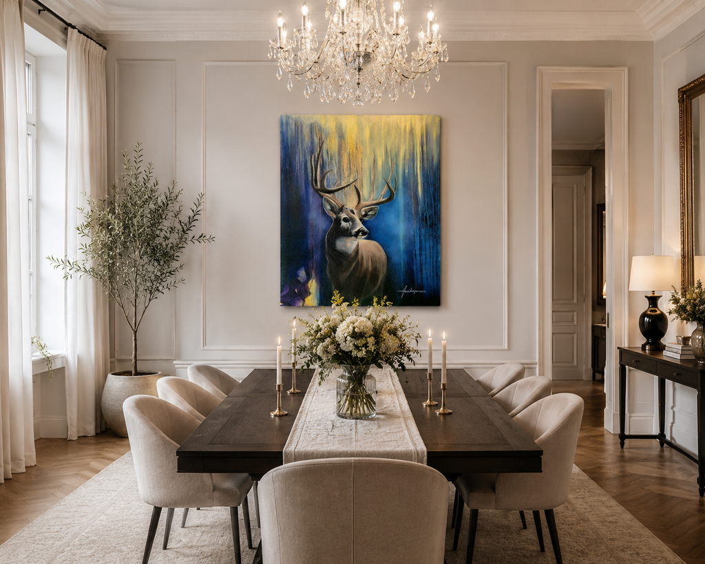 "Touched by the Light original oil painting of a stag against a deep blue and golden background, hanging in an elegant dining room with crystal chandelier, by Annikaprana"