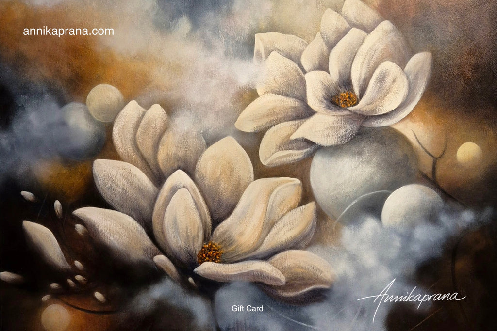 Annikaprana Gift Card — original oil painting detail with white magnolia flowers on a warm golden and atmospheric dark background. 
