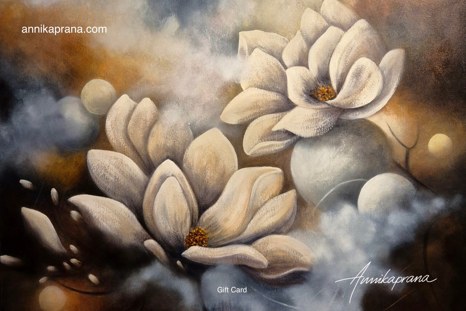 Annikaprana Gift Card — original oil painting detail with white magnolia flowers on a warm golden and atmospheric dark background. 
