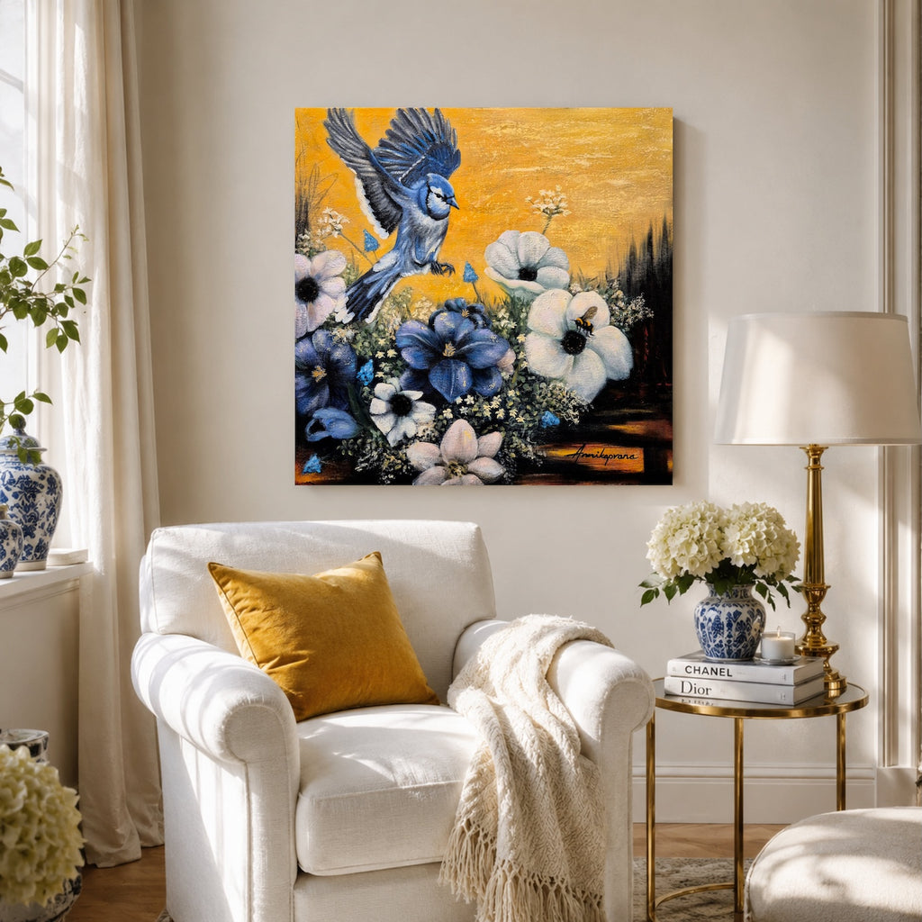 "Where Life Blooms hanging in a bright living room interior, original oil painting by Annikaprana"