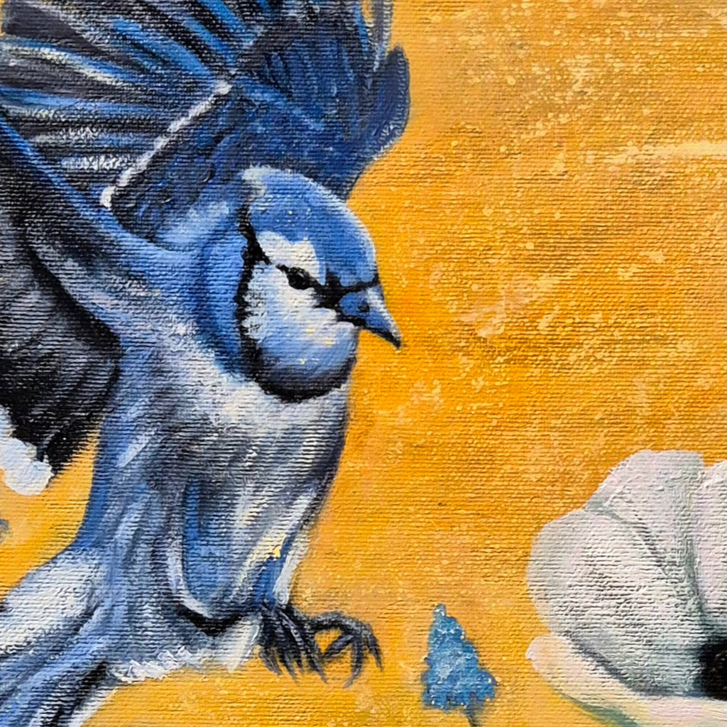 "Detail of blue jay in flight against golden background, close-up of original oil painting Where Life Blooms by Annikaprana"