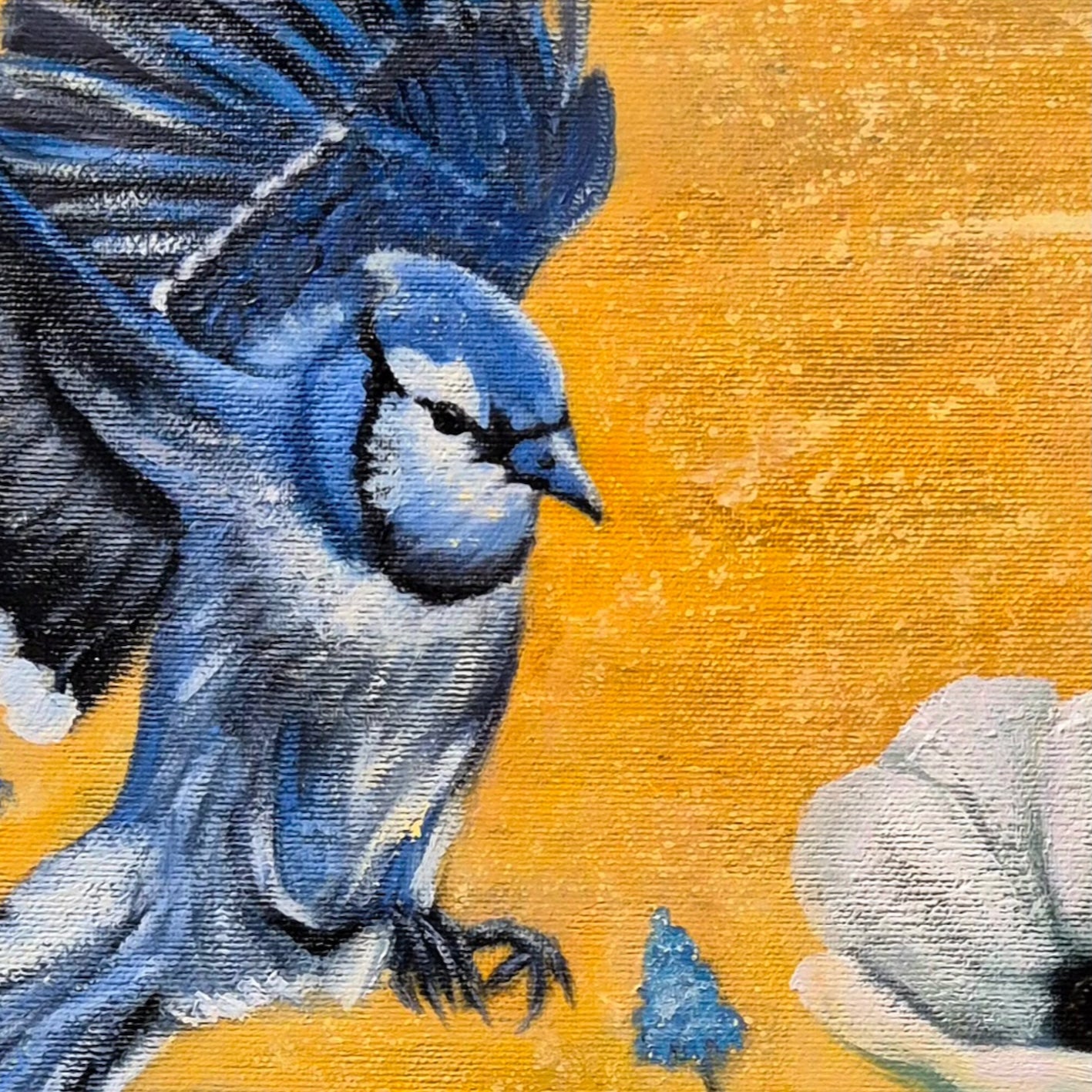 "Detail of blue jay in flight against golden background, close-up of original oil painting Where Life Blooms by Annikaprana"
