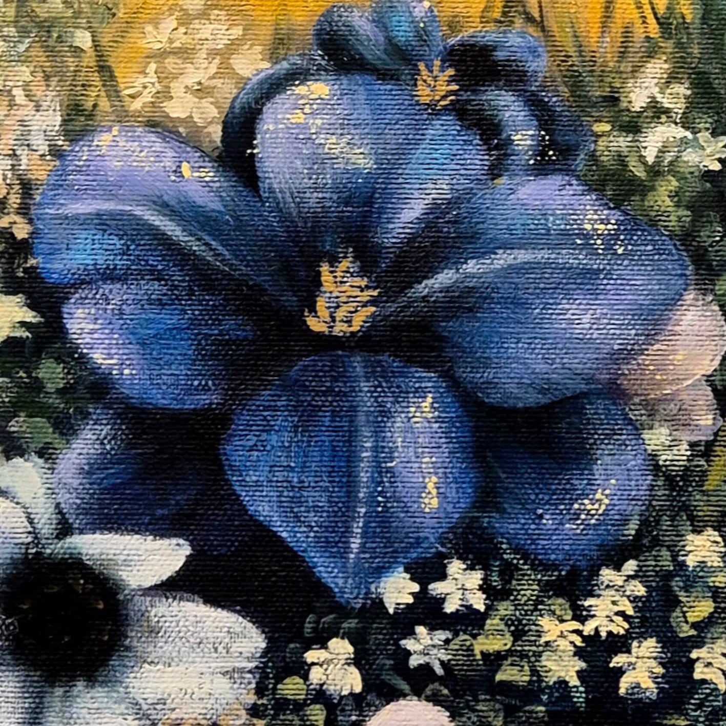 "Detail of deep blue flowers, close-up of original oil painting Where Life Blooms by Annikaprana"
