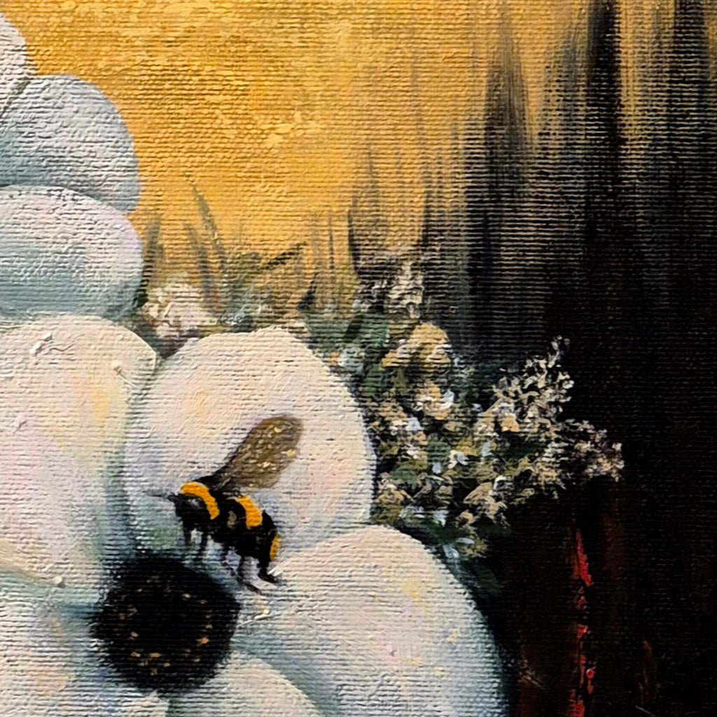 "Detail of white anemones with a bumblebee, close-up of original oil painting Where Life Blooms by Annikaprana"
