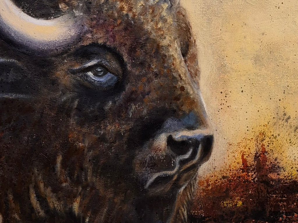 "Moonlight Reflections" Fine Art Print by Annikaprana. Detail shot of a bison's face with expressive eyes, painted in warm earthy tones with fine brushwork.