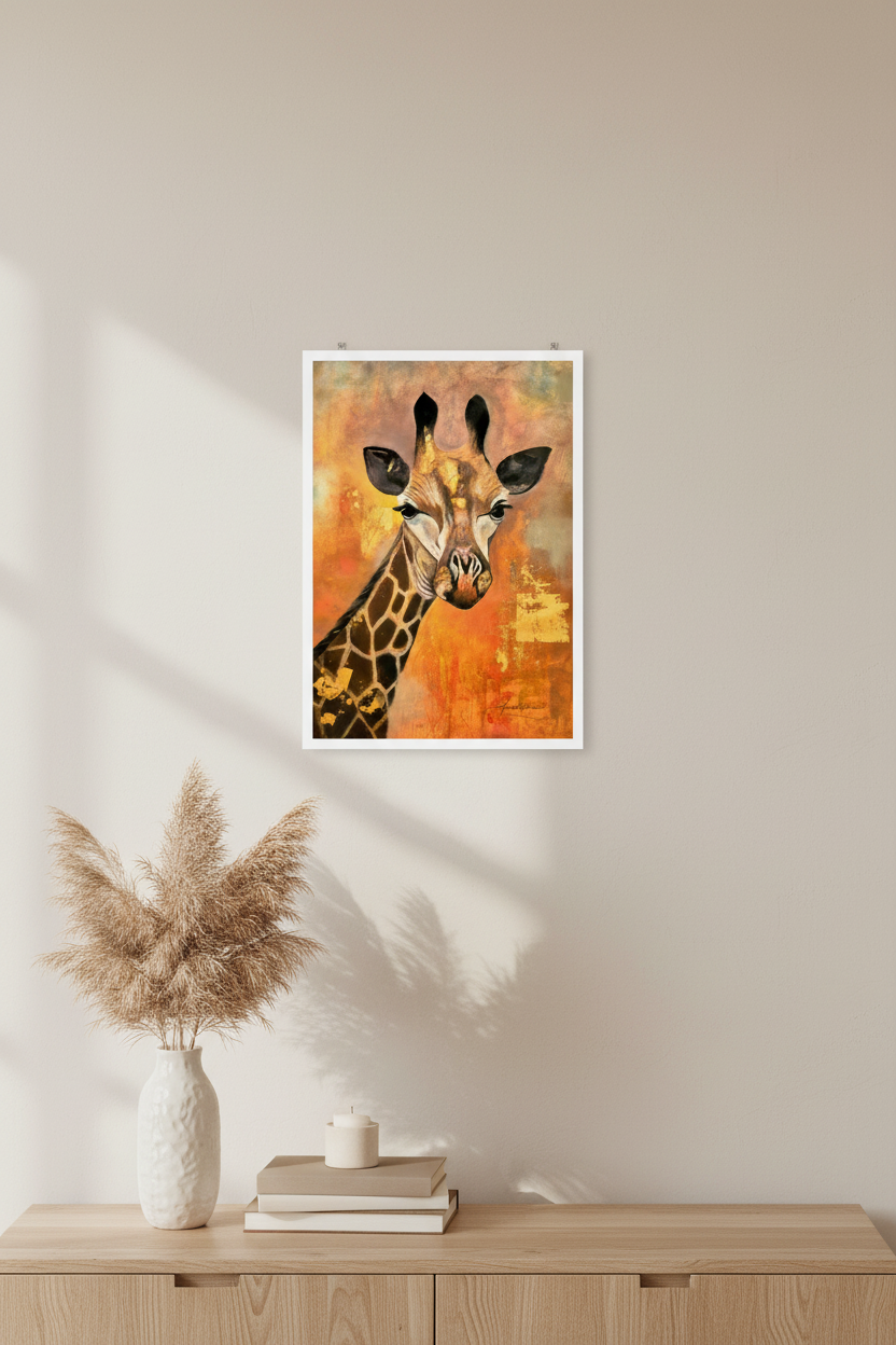 Fine art print of "Enjoying the Golden Glow Sunlight" by Annikaprana, displayed with white border on a beige wall in a Scandinavian minimalist interior with warm natural light.
