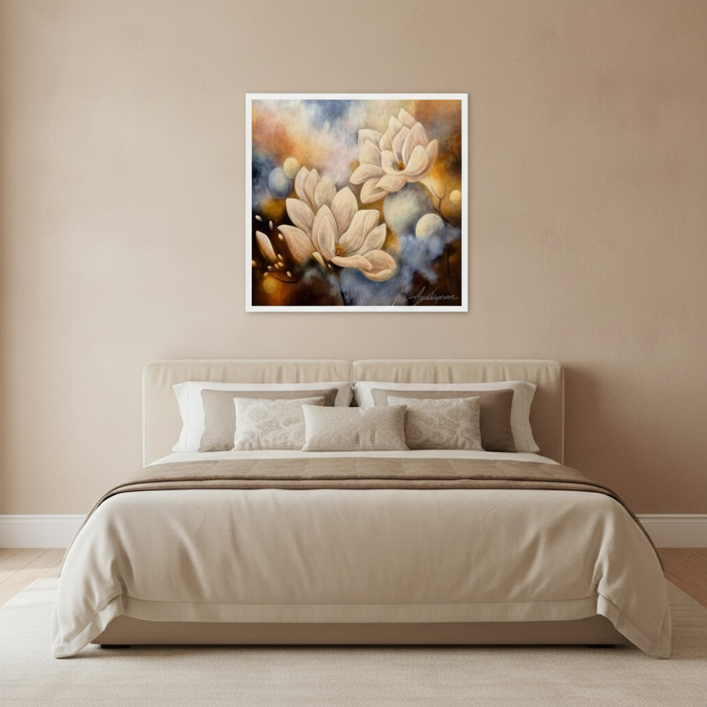 Flourishing in the Light — Fine Art Print by Annikaprana, square white frame, displayed above a bed in a warm Scandinavian bedroom