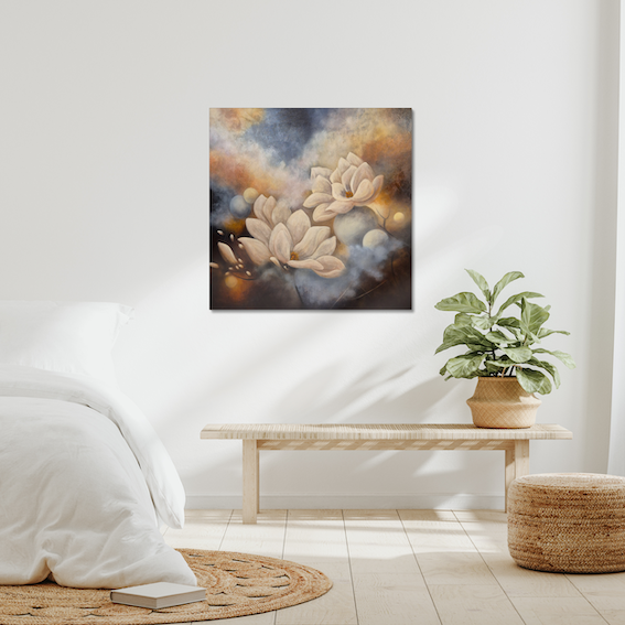 Flourishing in the Light — 2026, original painting by Annikaprana. Large-scale mixed media artwork with soft magnolia blossoms in warm beige and dusty blue tones, displayed above a console table with a plant in a bright Scandinavian interior. Oil on canvas, 100×100 cm, gallery wrapped, ready to hang.