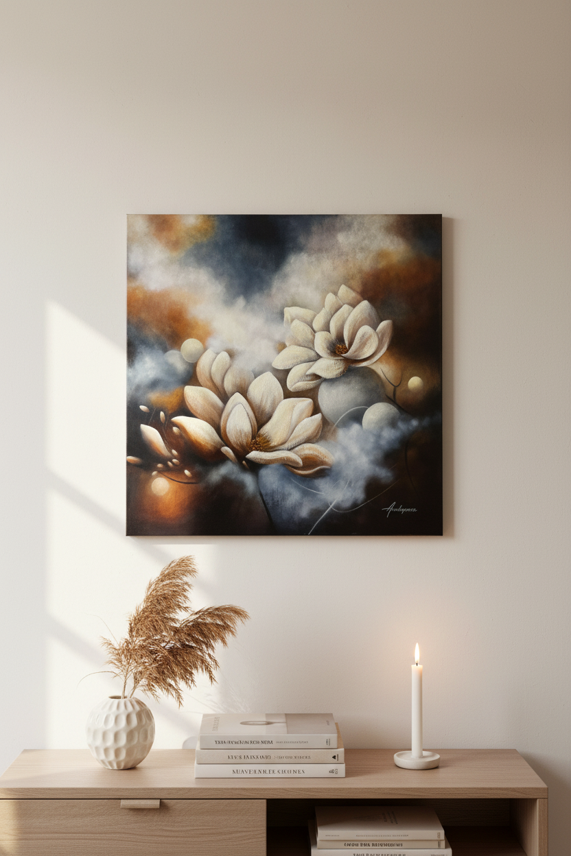 Magnolia painting in Scandinavian interior