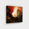 Leaving the Battlefield — Canvas Print by Annika Andersson. A majestic lion walks forward through dramatic storm clouds in deep reds and blacks, with a burst of light behind him. Gallery-wrapped canvas with black edges.
