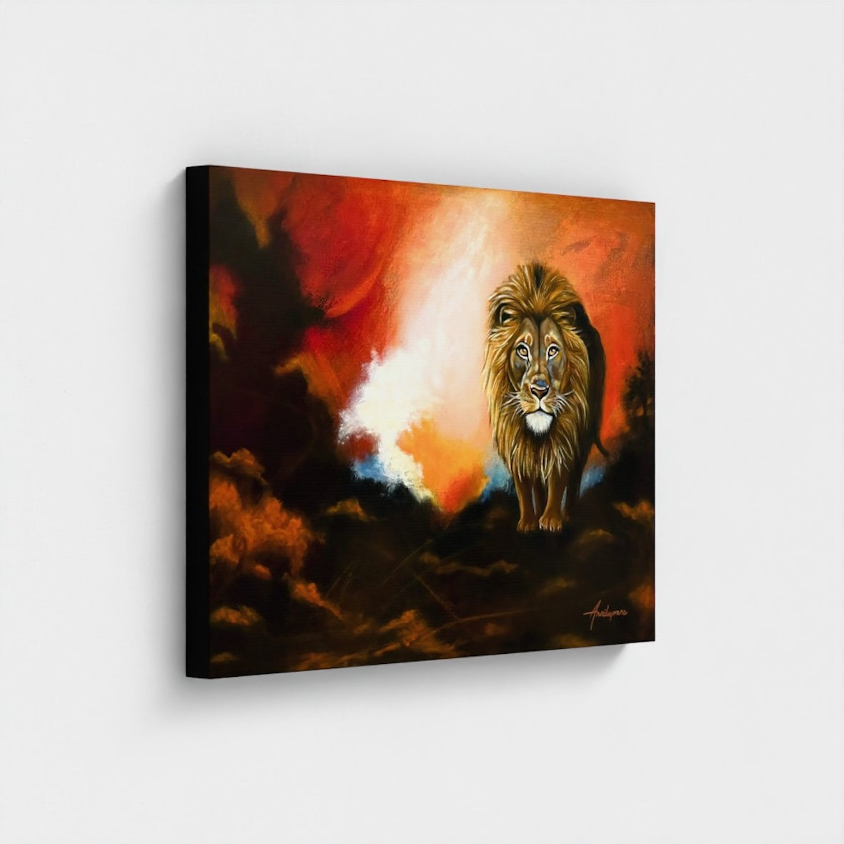 Leaving the Battlefield — Canvas Print by Annika Andersson. A majestic lion walks forward through dramatic storm clouds in deep reds and blacks, with a burst of light behind him. Gallery-wrapped canvas with black edges.
