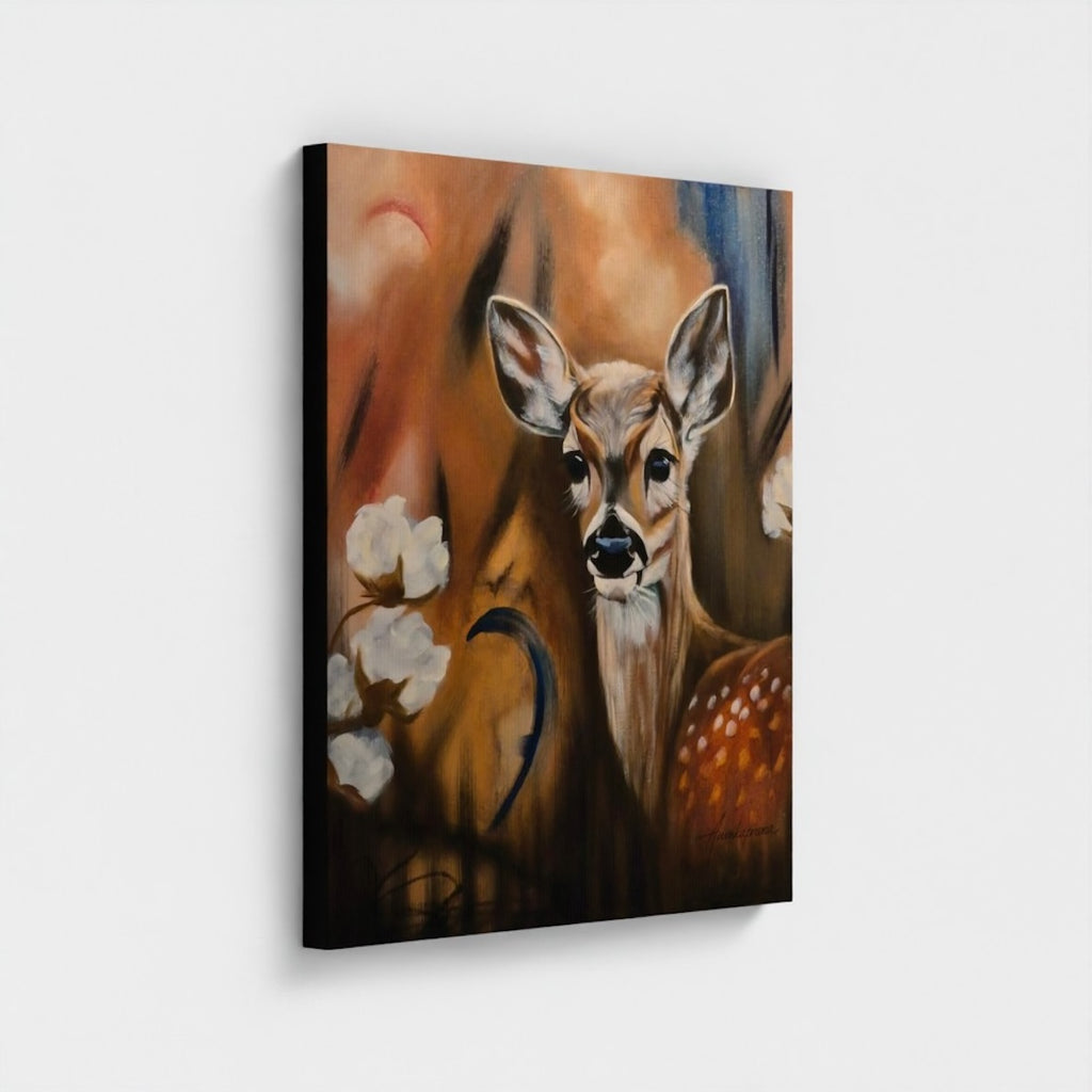 Living in a Strange World 2025 — Canvas Print by Annikaprana. A deer in a dreamlike, misty landscape. Black gallery wrap, ready to hang.