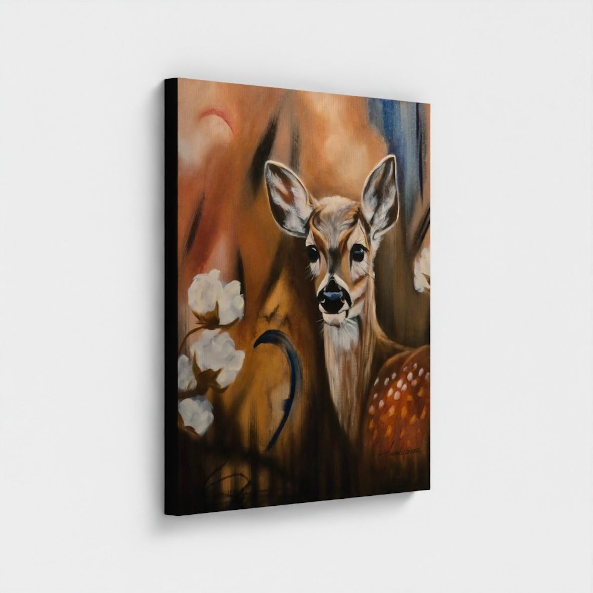 Living in a Strange World 2025 — Canvas Print by Annikaprana. A deer in a dreamlike, misty landscape. Black gallery wrap, ready to hang.