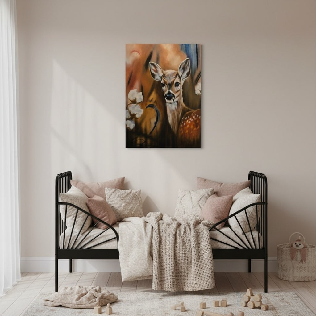 Living in a Strange World 2025 — Canvas Print by Annikaprana. Giclée print on canvas with black 4 cm gallery wrap, displayed in a bright Scandinavian interior.