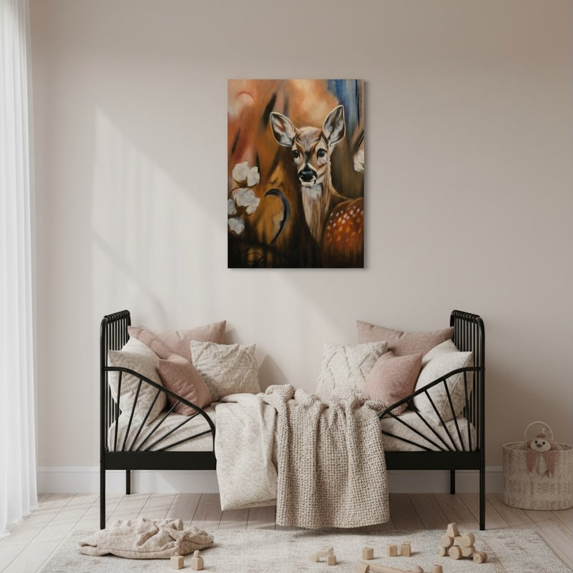 Living in a Strange World 2025 — Canvas Print by Annikaprana. Giclée print on canvas with black 4 cm gallery wrap, displayed in a bright Scandinavian interior.