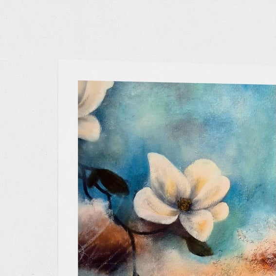 The Power of Stepping into the Light — Fine Art Print detail, white border and magnolia flowers, by Swedish artist Annikaprana