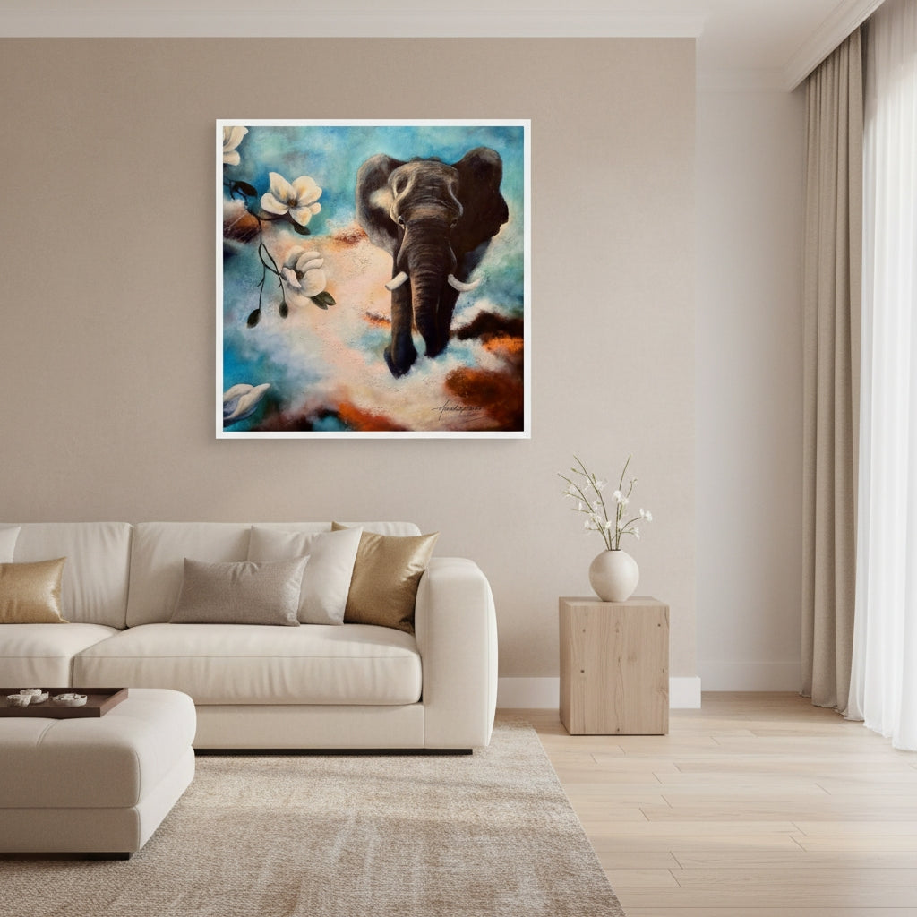 The Power of Stepping into the Light — Fine Art Print by Annikaprana, framed in white, displayed in a modern Scandinavian living room