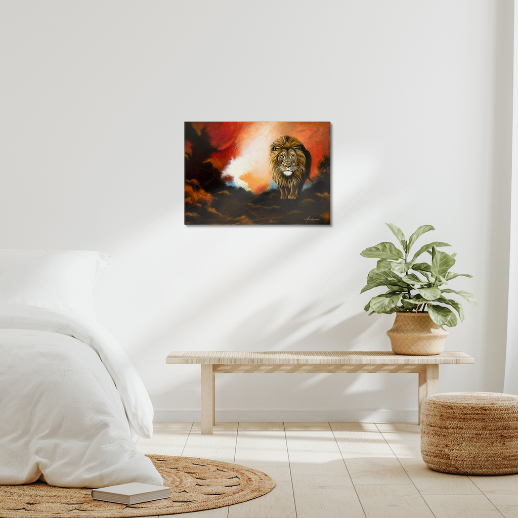 Leaving the Battlefield — Canvas Print by Annika Andersson, shown in a bright Scandinavian bedroom above a wooden bench. The painting depicts a lion emerging from stormy clouds with a glowing light behind him.