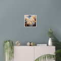 Flourishing in the Light — Fine Art Print by Annikaprana. Luminous white magnolia blossoms emerging from golden clouds against a deep, atmospheric background. Giclée on Hahnemühle German Etching 310gsm, white border, 12×12″ (≈30×30 cm). Displayed on a dusty blue wall above a blush sideboard in a Scandinavian living room.