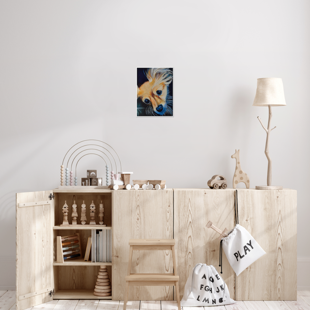 "Lovely Loke fine art print 12×16" on Hahnemühle German Etching paper, displayed in a Scandinavian children's room — original artwork by Swedish artist Annikaprana"