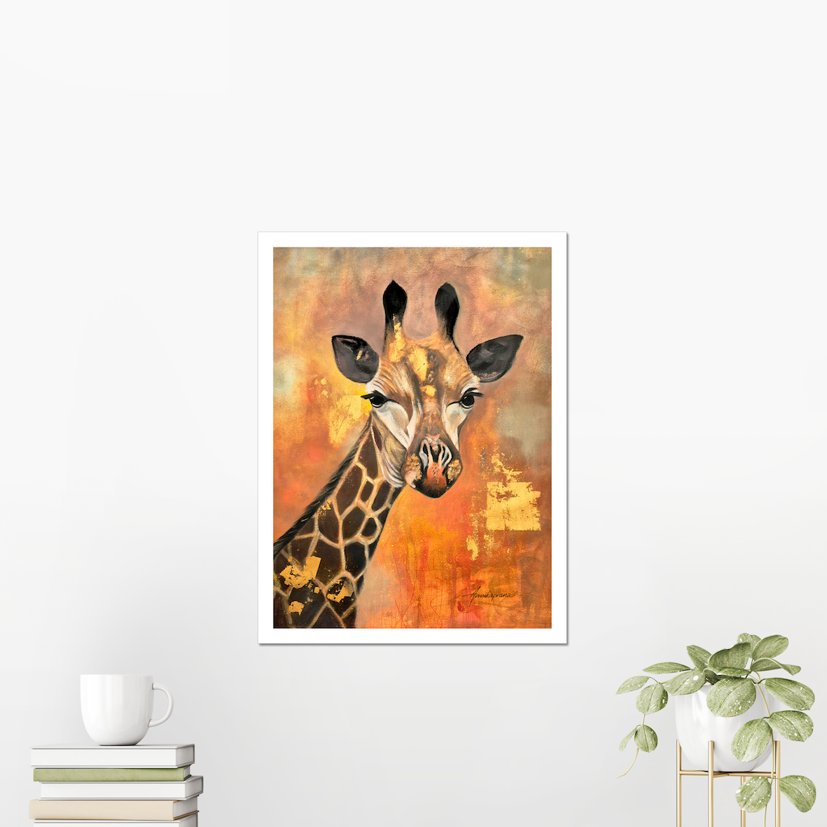 "Enjoying the Golden Glow Sunlight" — fine art giclée print with white border, displayed on a white wall with books and a green plant, by Swedish artist Annikaprana.