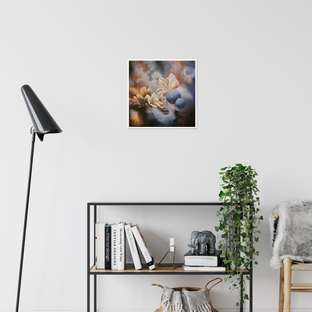 Finding the Light — Fine Art Print by Annikaprana. Abstract floral print displayed above a desk with a floor lamp in a bright Scandinavian workspace. Giclée on Hahnemühle German Etching 310gsm.
