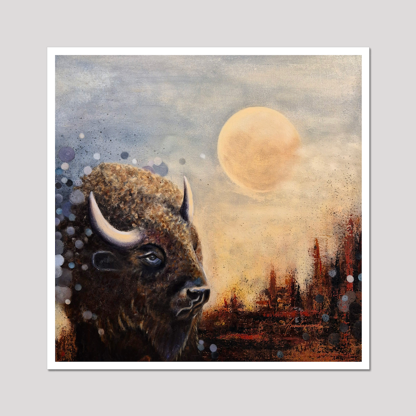 "Moonlight Reflections" Fine Art Print by Annikaprana. A solitary bison standing beneath a full moon in a misty nocturnal landscape with silver light and dark forest silhouettes. Giclée on Hahnemühle German Etching 310gsm, white border.