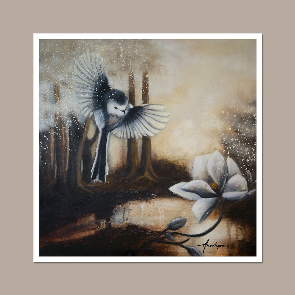 Sunshine After Rain 2026 — Fine Art Print by Annikaprana. A long-tailed tit in flight above a white magnolia flower in a misty golden forest. Giclée print on Hahnemühle German Etching 310gsm, white border, ready to frame.