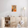 "Enjoying the Golden Glow Sunlight" — fine art giclée print with white border, displayed in a Scandinavian children's room with natural wood furniture, by Swedish artist Annikaprana.