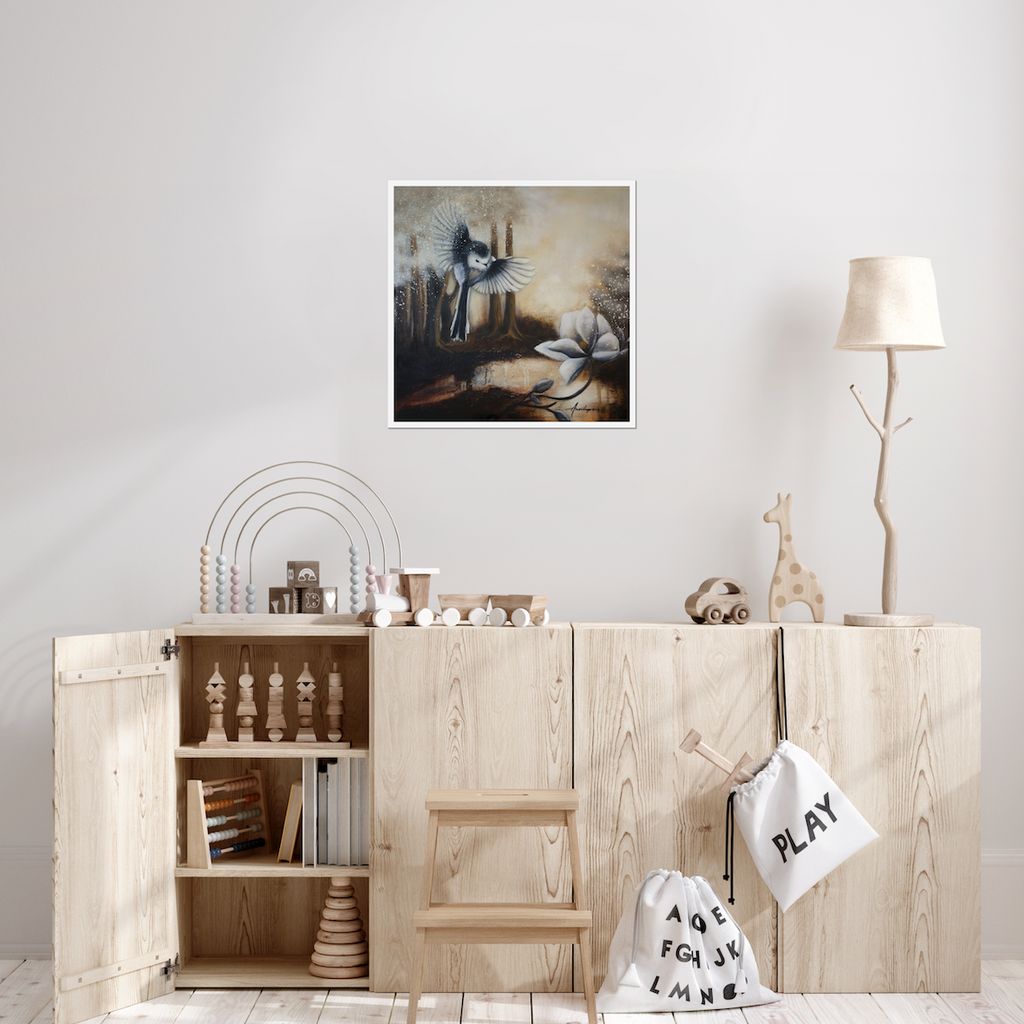Sunshine After Rain 2026 — Fine Art Print by Annikaprana. A long-tailed tit in flight above a white magnolia in a misty golden forest. Small print displayed in a Scandinavian children's room. Giclée on Hahnemühle German Etching 310gsm, white border, ready to frame.