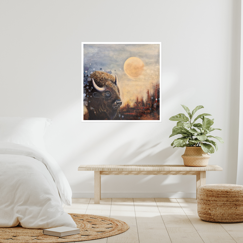 "Moonlight Reflections" Fine Art Print by Annikaprana. Moonlit bison print displayed above a bed in a calm Scandinavian bedroom. Giclée on Hahnemühle German Etching 310gsm, white border, ready to frame.