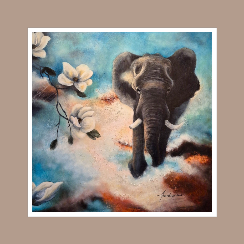 The Power of Stepping into the Light — Fine Art Print on Hahnemühle German Etching, white border, elephant and magnolias, by Annikaprana