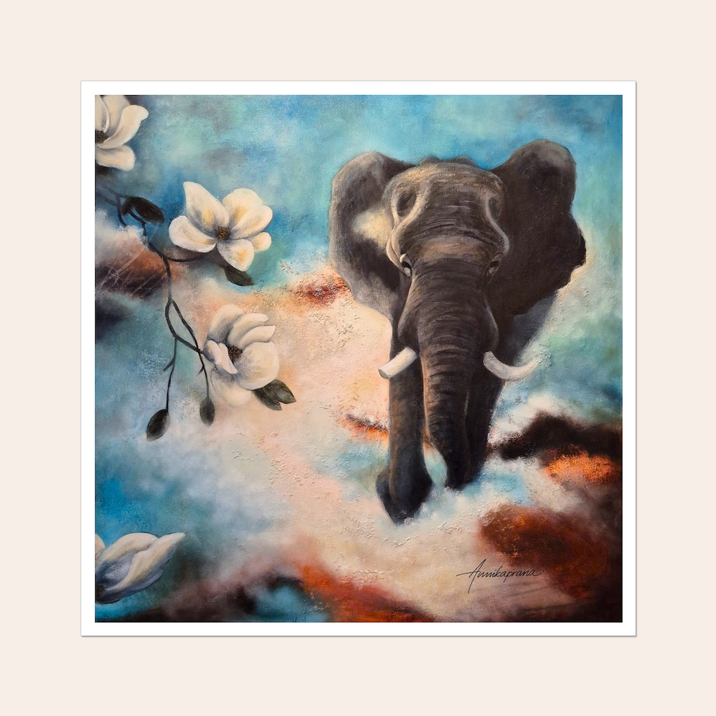 The Power of Stepping into the Light — Fine Art Print on Hahnemühle German Etching, white border, elephant and magnolias, by Annikaprana