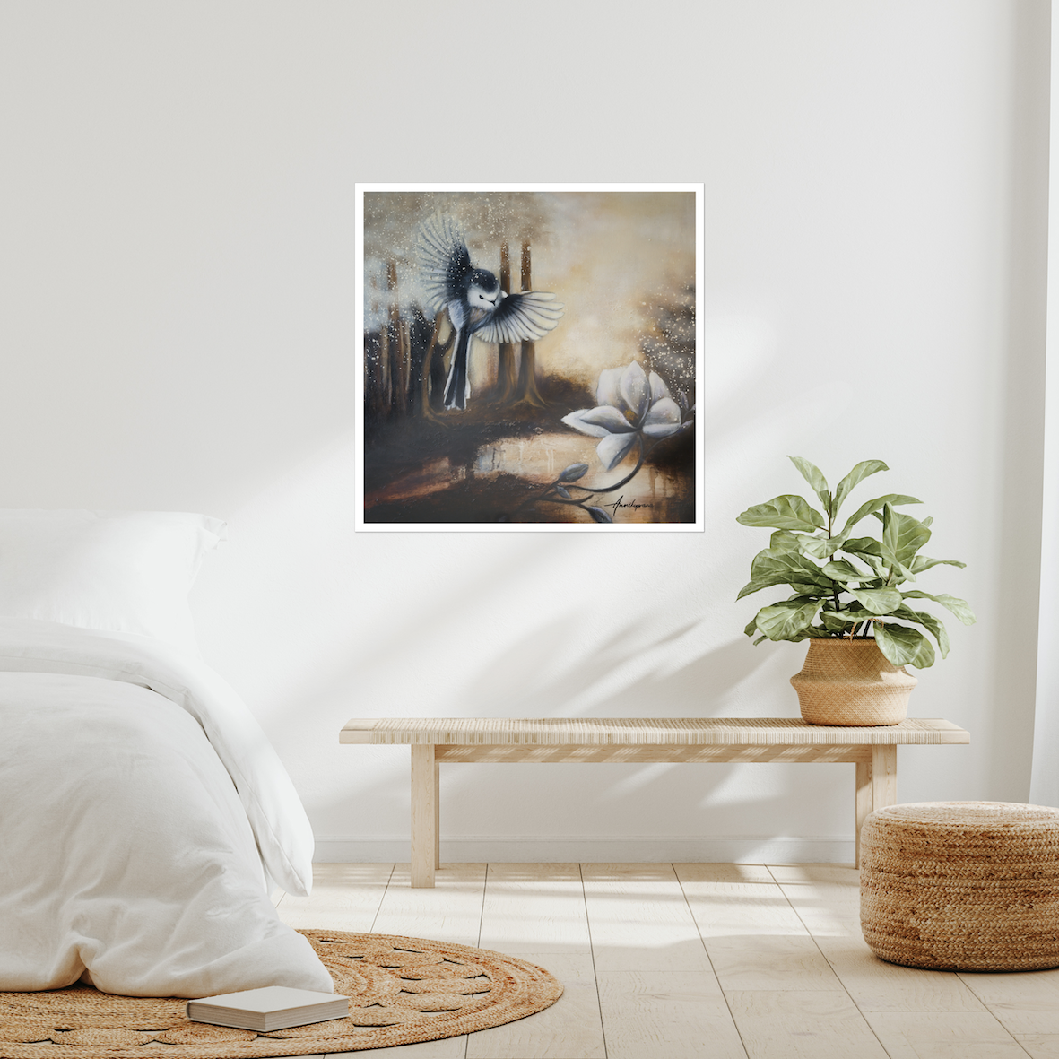 Sunshine After Rain 2026 — Fine Art Print by Annikaprana. A long-tailed tit in flight above a white magnolia in a misty golden forest. Unframed print with white border displayed in a bright Scandinavian bedroom. Giclée on Hahnemühle German Etching 310gsm.
