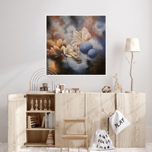Finding the Light — Fine Art Print by Annikaprana. Abstract floral print displayed on a shelf in a soft Scandinavian interior with neutral tones. Giclée on Hahnemühle German Etching 310gsm.