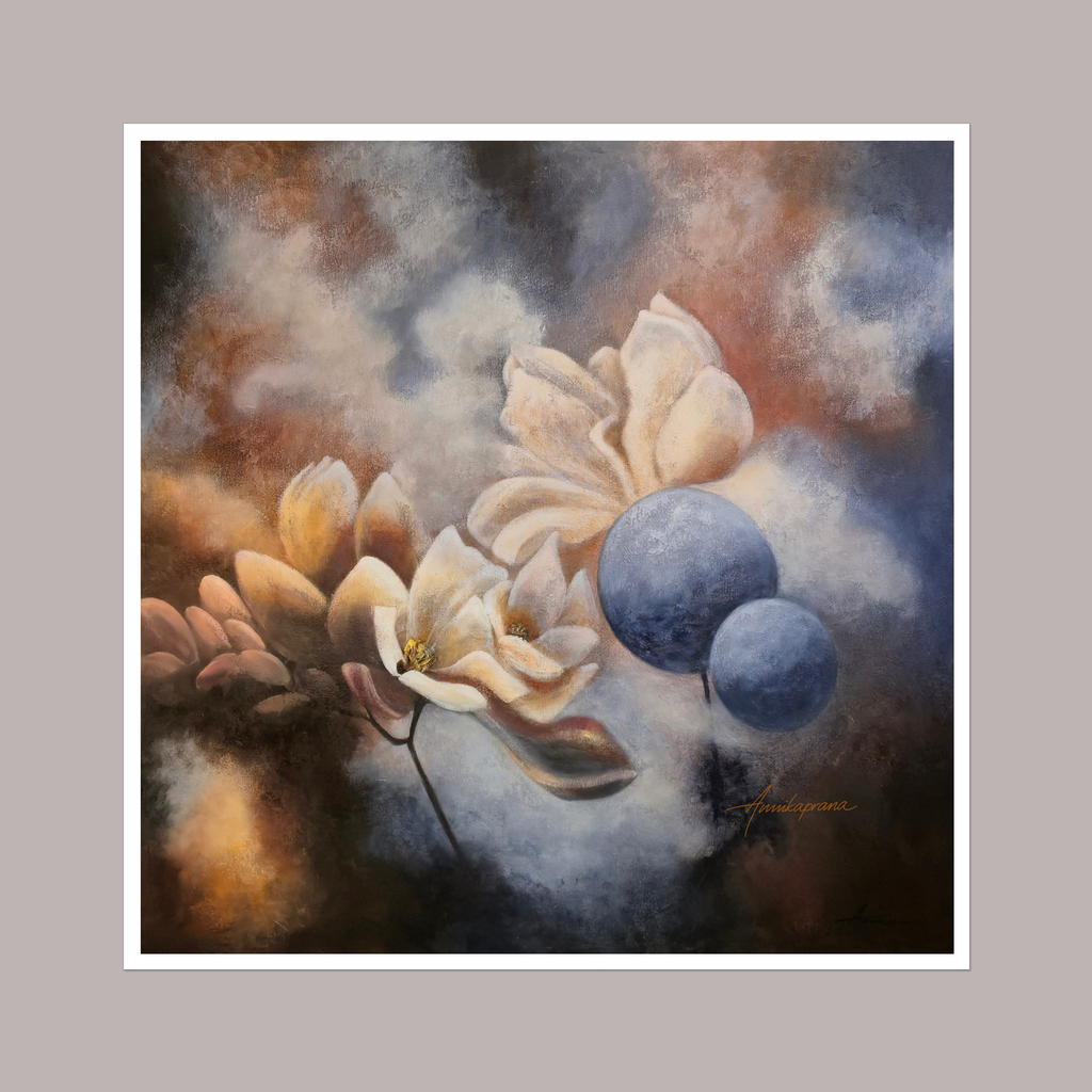 Finding the Light — Fine Art Print by Annikaprana. Abstract floral motif with soft blue spheres and magnolia blossoms in muted beige, blue and cream tones. Giclée on Hahnemühle German Etching 310gsm, white border.