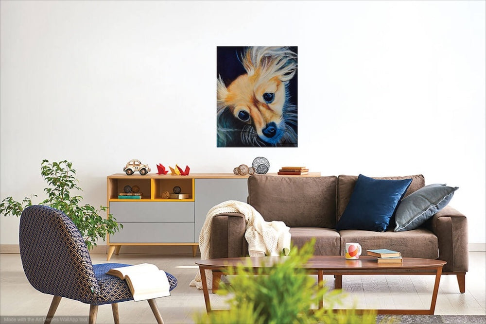 Lovey Loke — Fine Art Print by Annikaprana. A golden Russkiy Toy named Loke with expressive blue eyes on a deep blue background. Displayed above a sofa in a contemporary living room. Giclée on Hahnemühle German Etching 310gsm, white border, ready to frame.