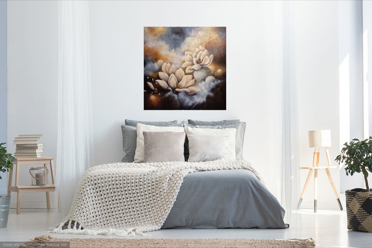 Magnolia wall art in bedroom – abstract painting with white magnolia flowers hung above a double bed with grey bedding in a minimalist, light bedroom.